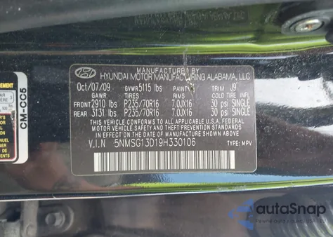 2009 Hyundai Santa Fe Gls из США, поврежденный, VIN 5NMSG13D19H330106